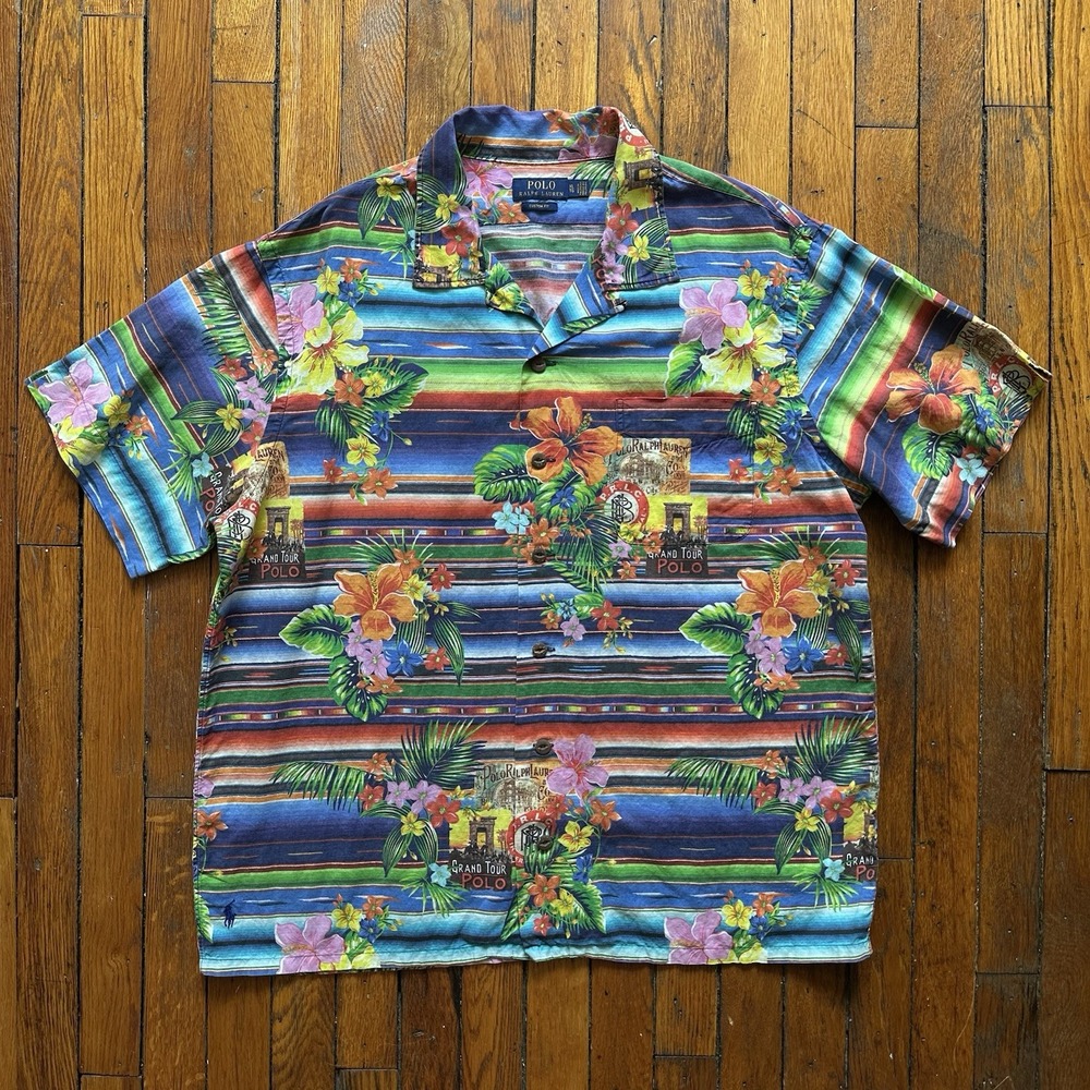 Polo‎ Ralph Lauren Grand Tour Shirt AOP Camp Collar Linen Lo Life Men XL Multi